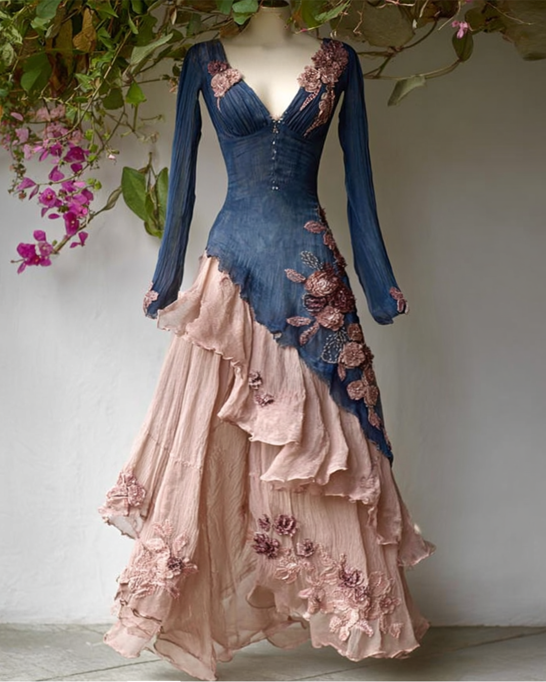 Women's Spring Elegant Flowers Irregular Ruffle Linen Dress 4547