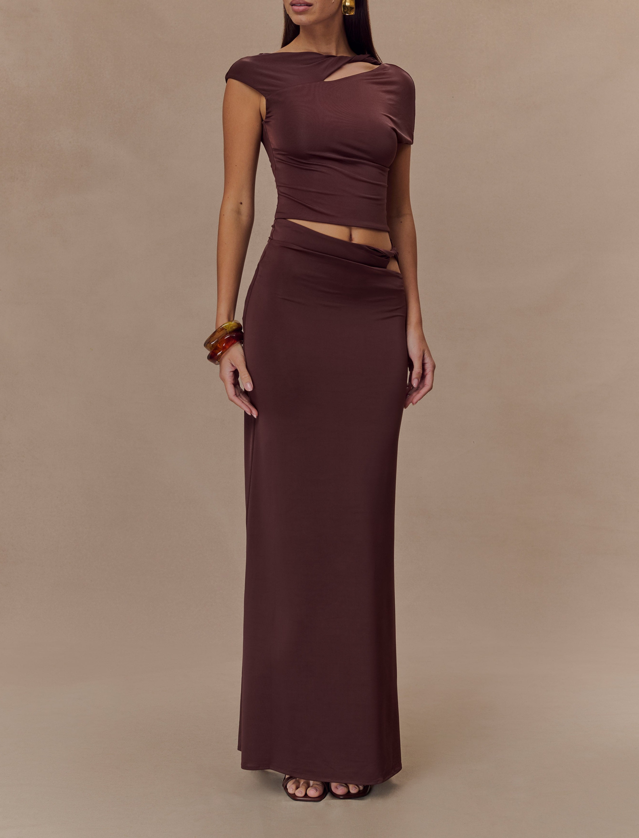 Chocolate Slinky Twist Midi Skirt