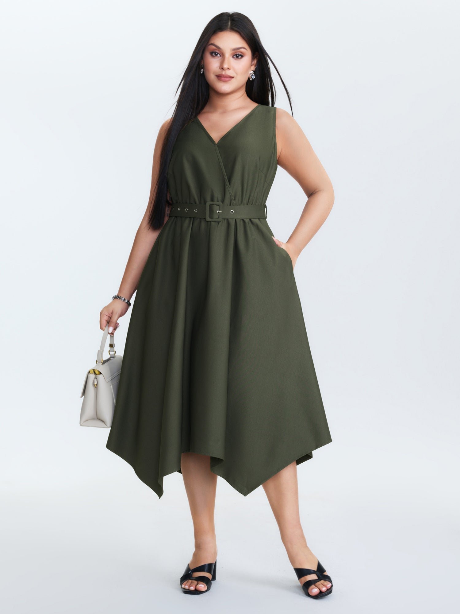 Waist-Tie Asymmetrical Hem Pockets Midi Dress