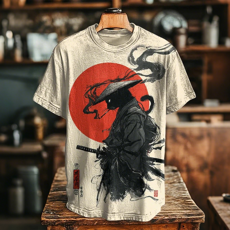 Men's The Smoking Black Cat Samurai Print Casual T-shirt