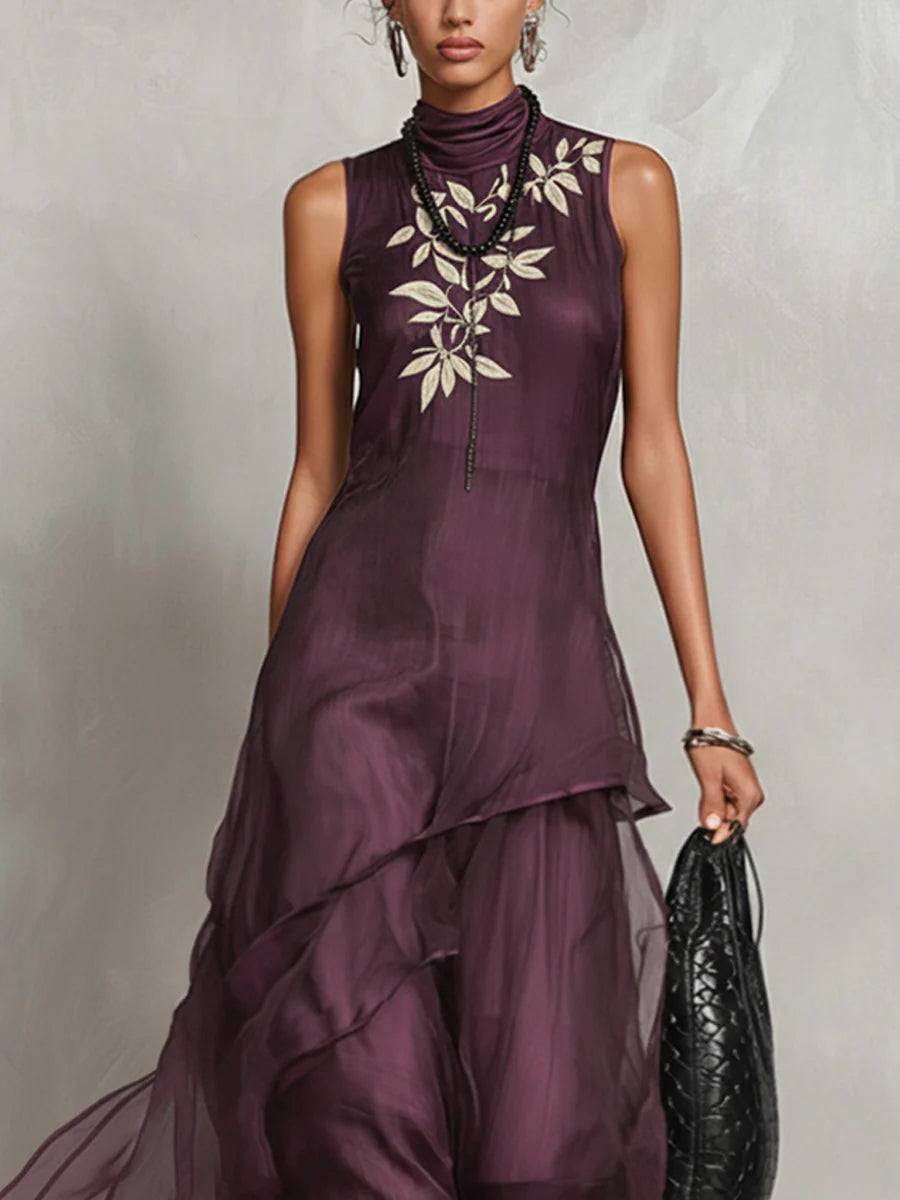 Purple sleeveless chiffon embroidered maxi dress