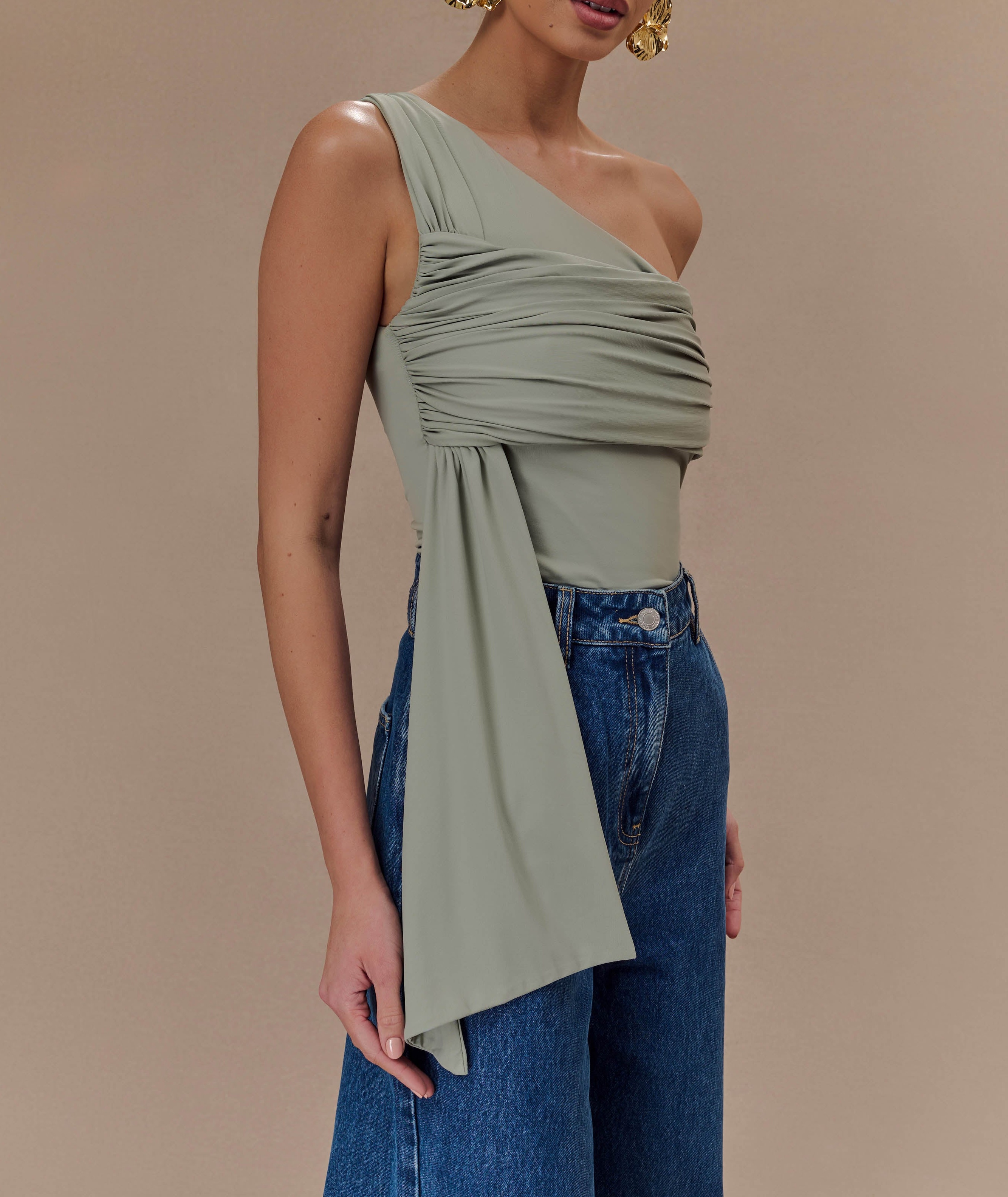 Basil One Shoulder Recycled Nylon Top With Drape