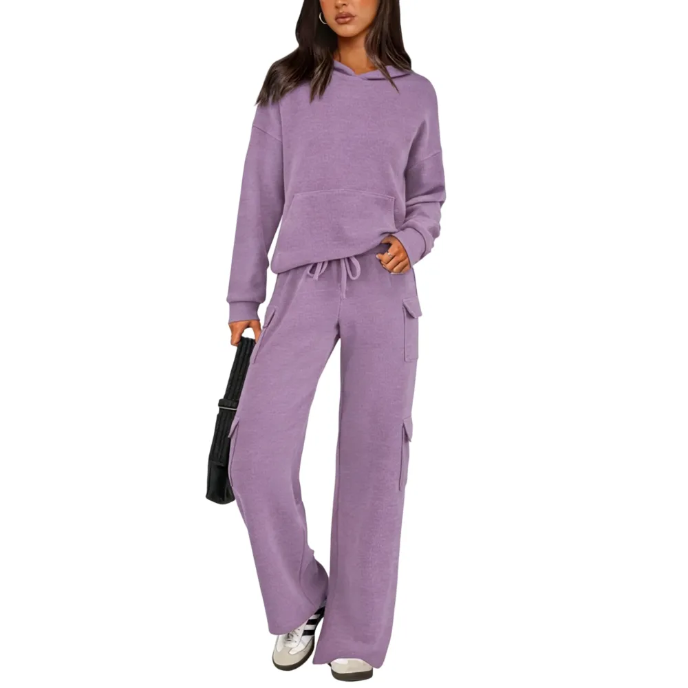 Women’s Casual Knit Tracksuit – Hoodie & Wide Leg Pants with Pockets