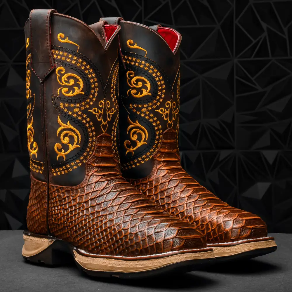 Cognac Jumbo Python Leather Boots With 3D Lightweight Sole - Composite Toe