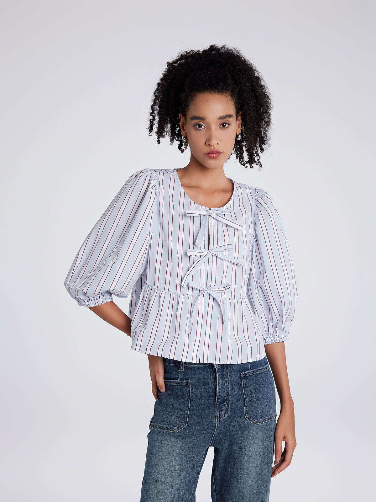 ASOBIO Bow Tie Front Peplum Shirt