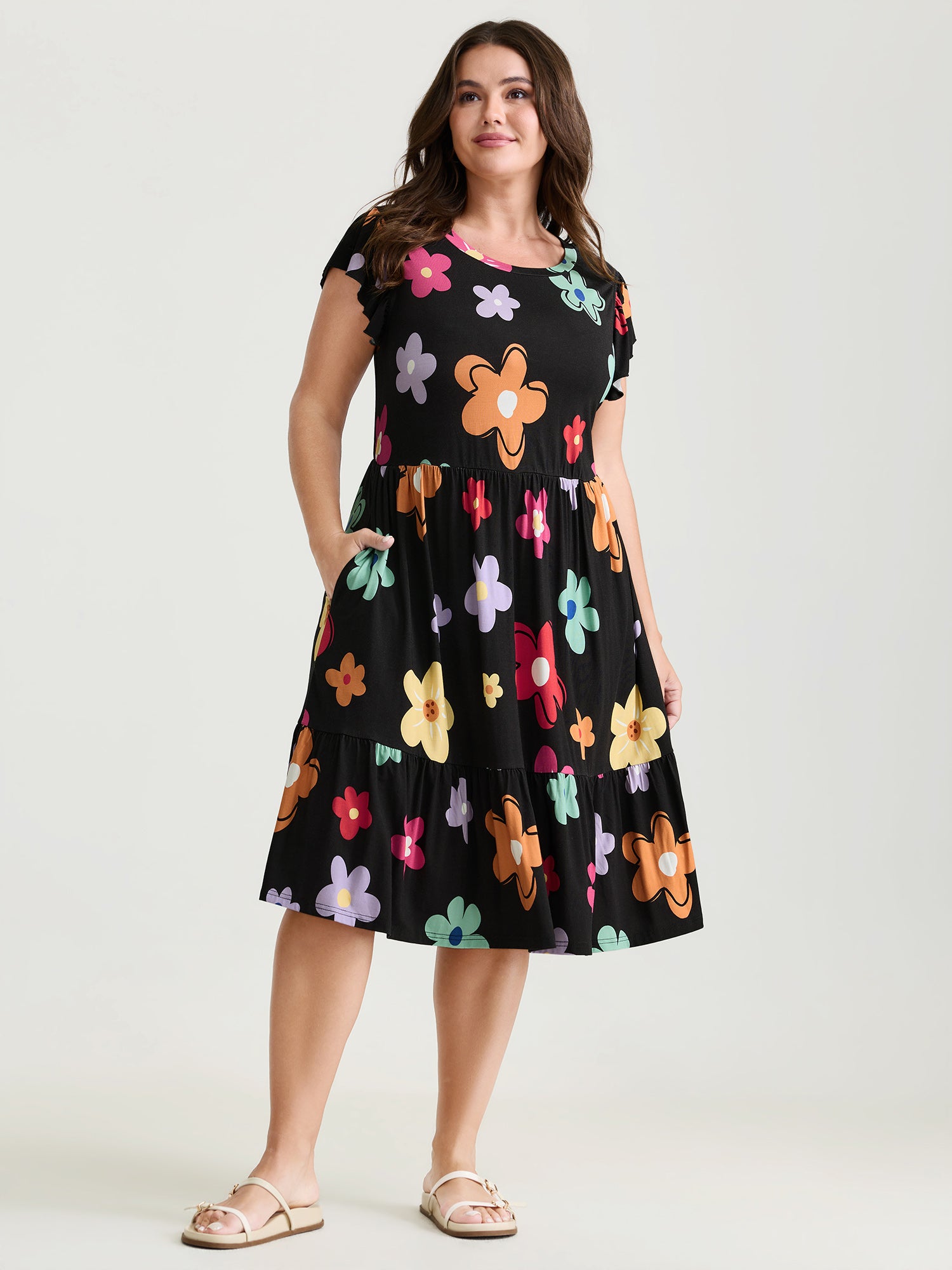 Bright Floral Print Flutter Sleeve Midi Dress
