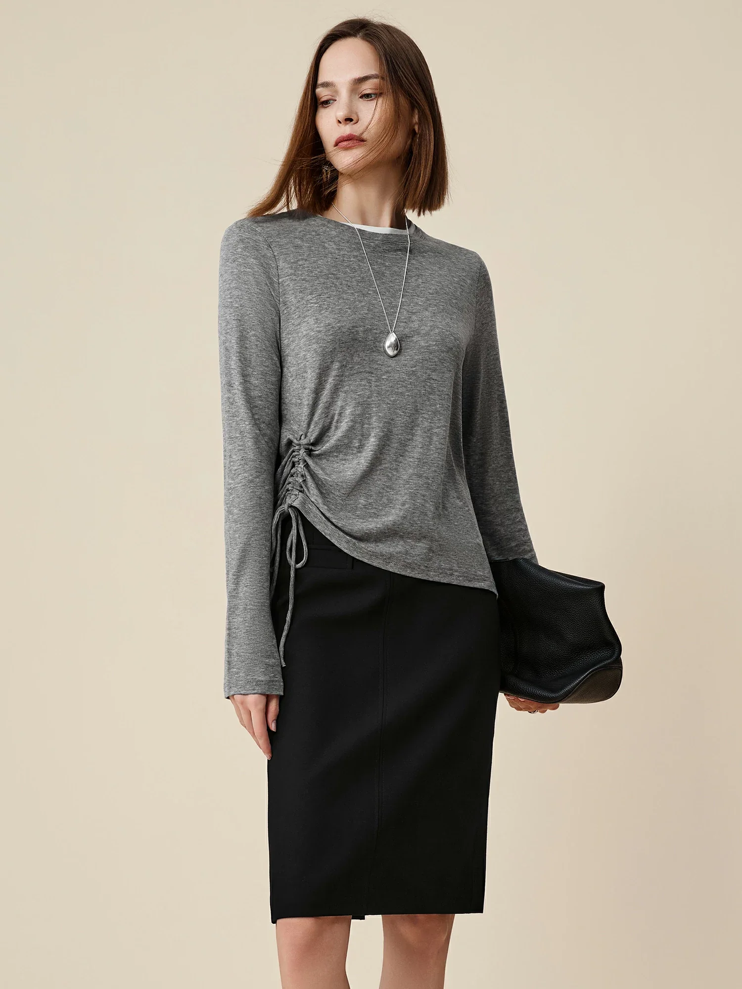 Lyocell & Wool Round Neck Long Sleeve Drawstring T-Shirt