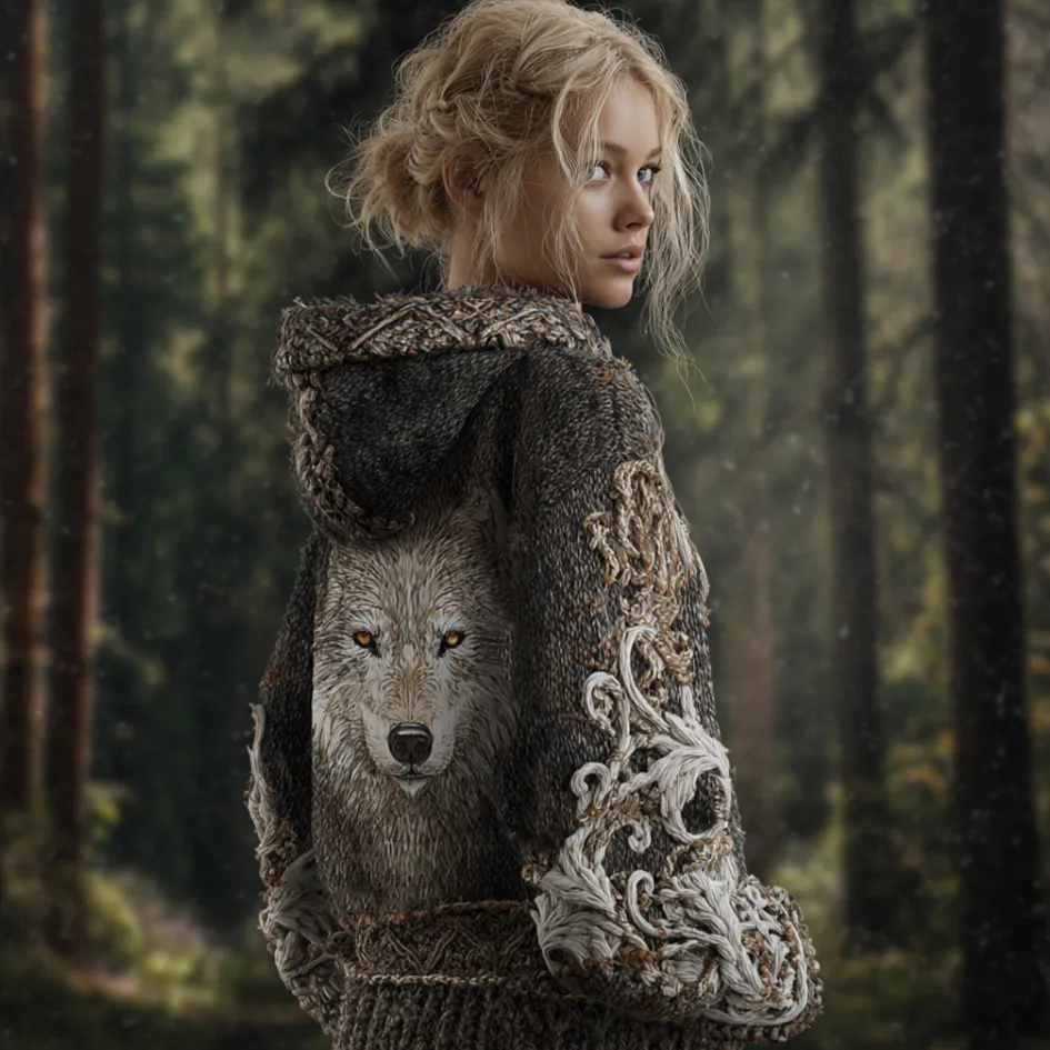 Viking Retro Style Wolf Element Women's Hooded Knit Sweater