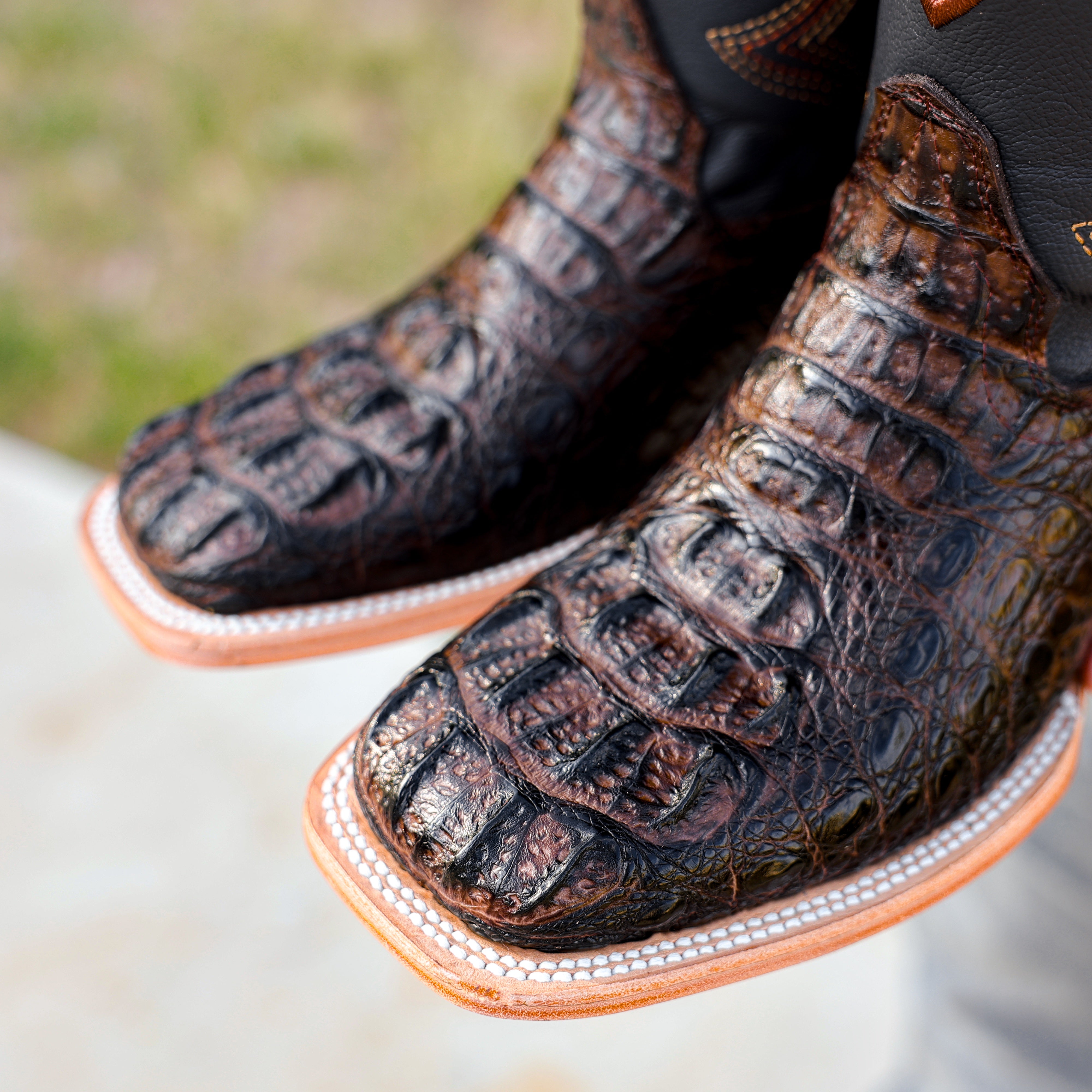 Brown Caiman Neck Leather Boots - Square Toe