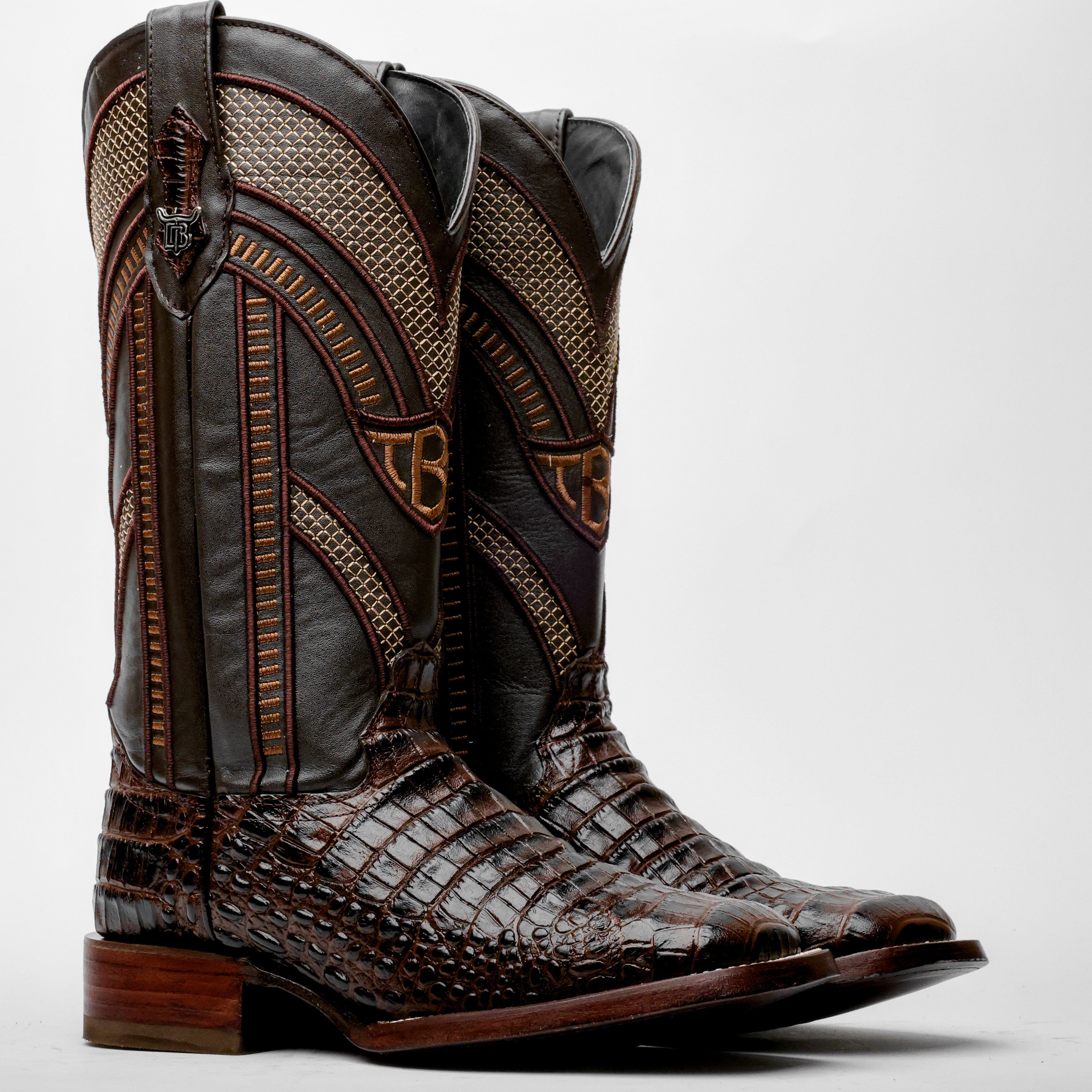 Brown Caiman Belly Leather Boots - Square Toe