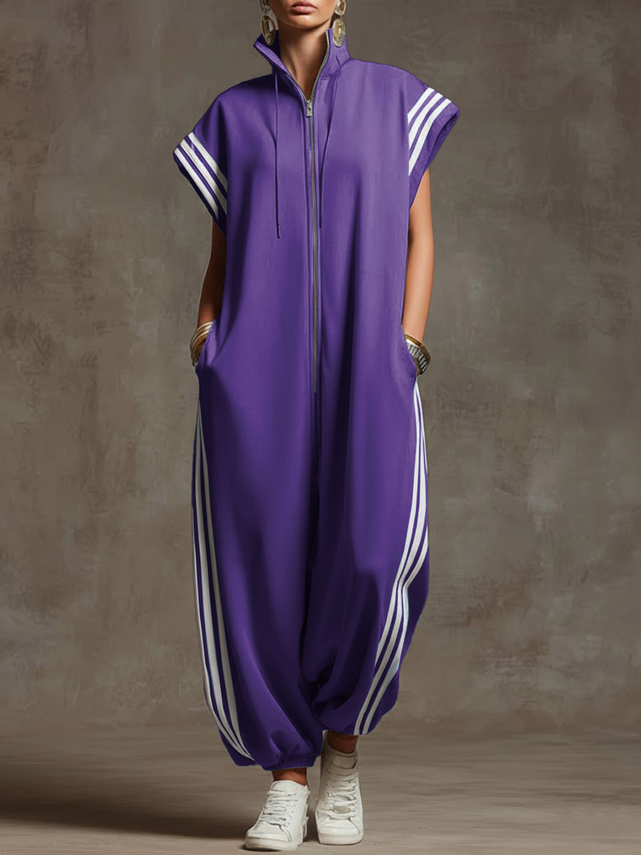 Women's Stand-collar Short-sleeved Casual Loose Cotton Wide-leg Jumpsuit