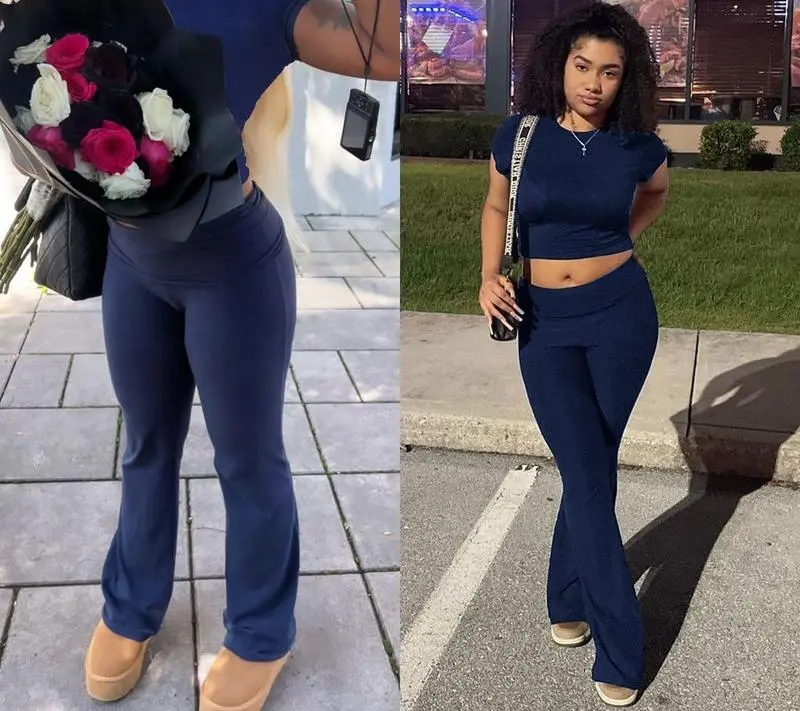 Women's Two-Piece Casual Set: Fitted Short-Sleeve Top with Bell-Bottom Pants