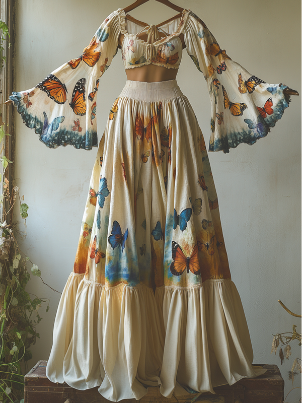 Vacation handmade gradient butterfly top + skirt two-piece set bdf2