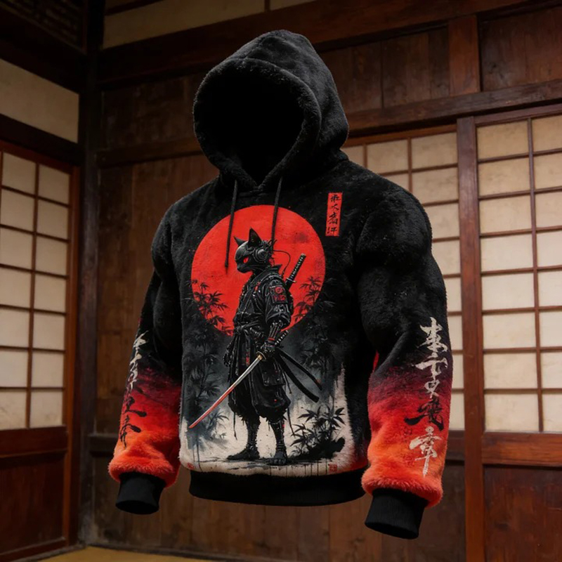 Men's Futuristic Sci-fi Art Mechanical Cat Warrior Japanese Print Casual Flannel Hoodie