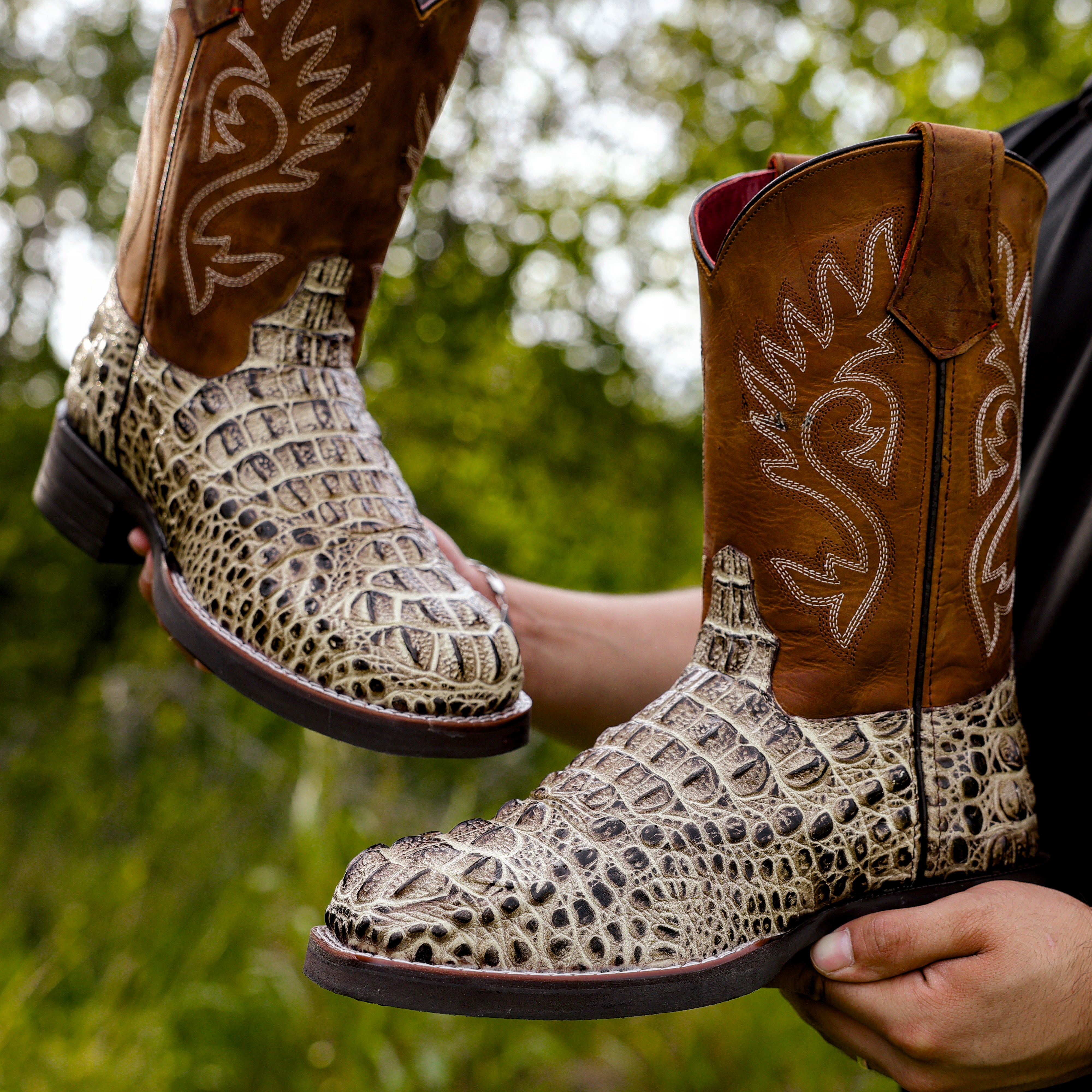 Desert Caiman Neck Leather Boots With Lightweight Soles - Square Toe