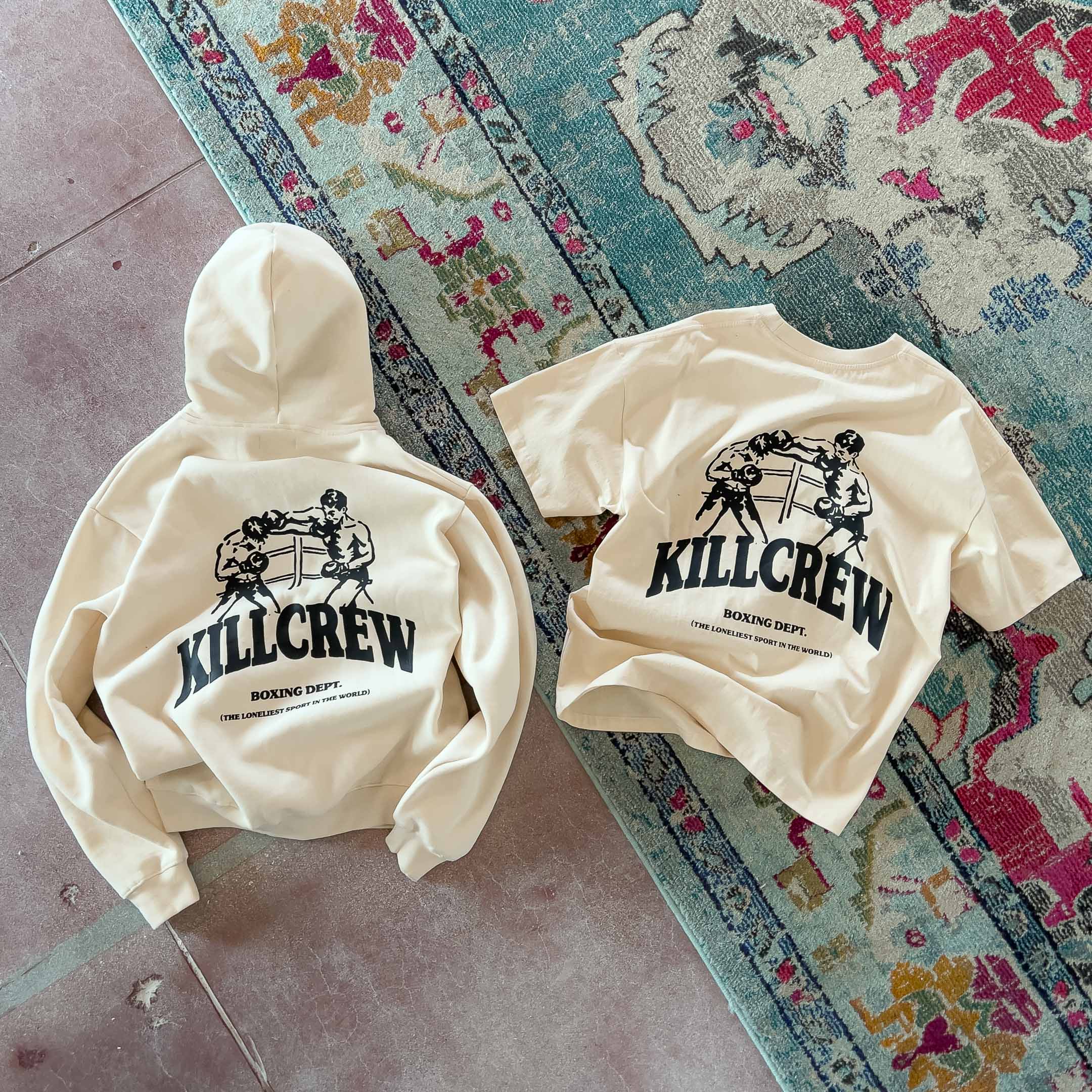 OVERSIZED LUX BOXING DEPARTMENT HOODIE - CREAM / BLACK