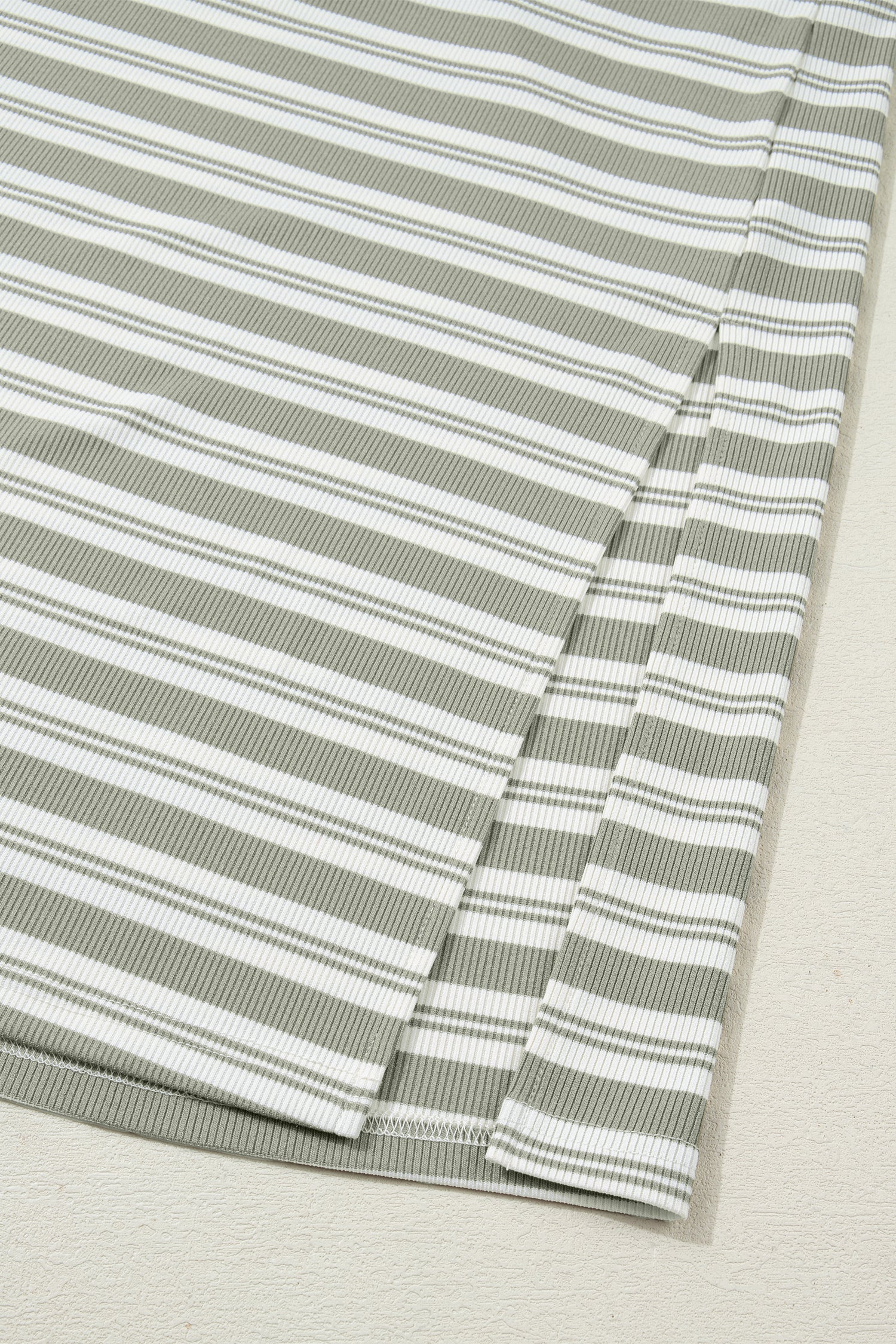 Green Stripe Collared V Neck Short Sleeve T Shirt Midi Dress with Pockets