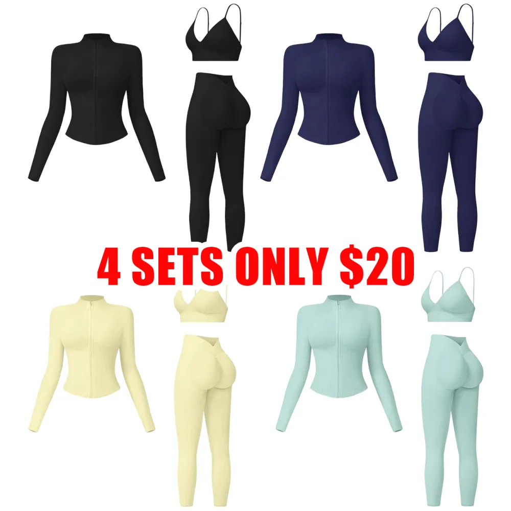 Women’s 3-Piece Seamless Workout Set – Crop Tank, Zip Jacket & High-Waist Leggings