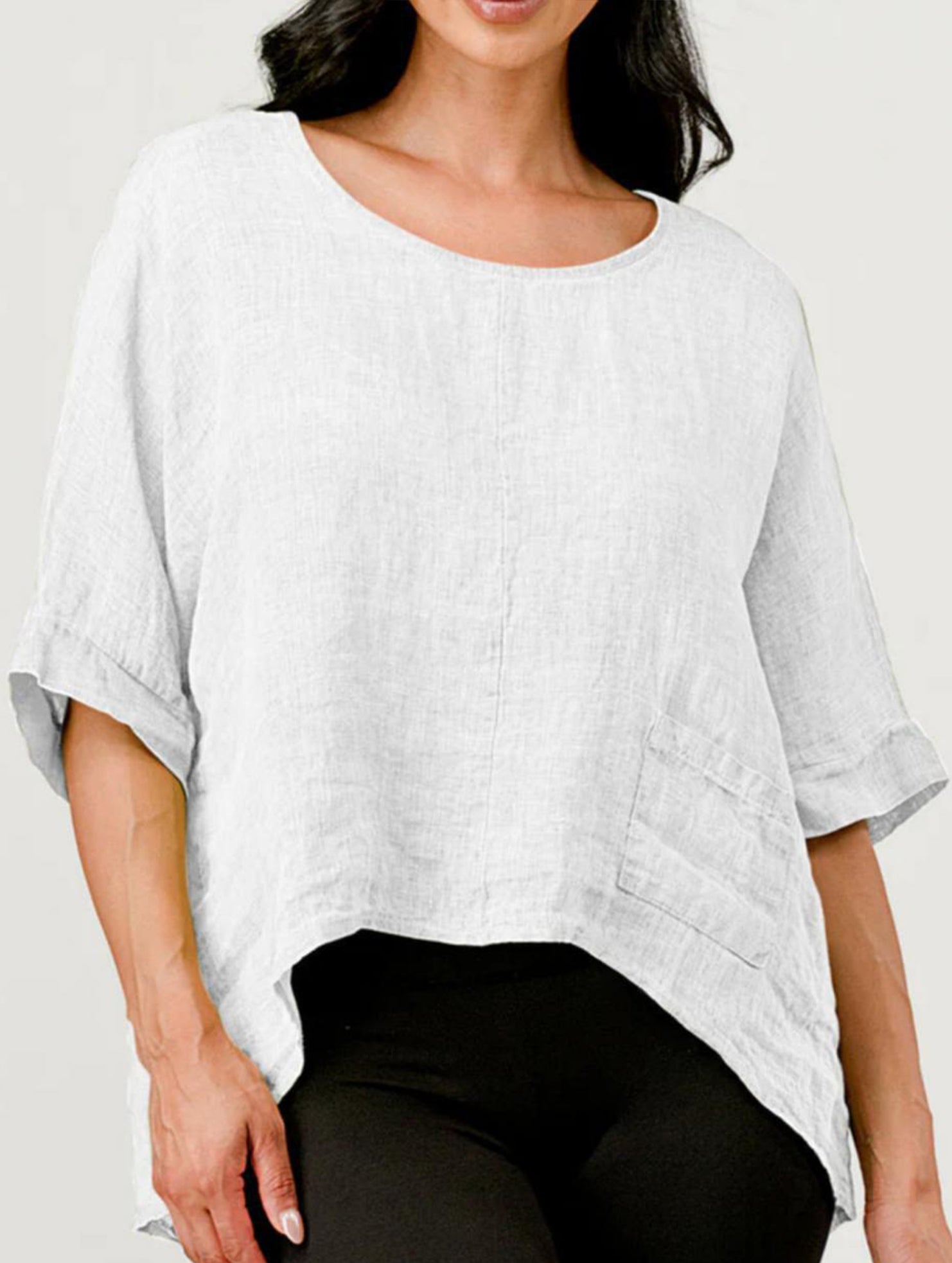 Round Neck Cotton Linen Short Sleeve Shirt_CWTBLL02279