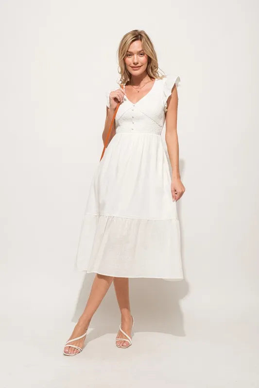 Ruffle Sleeve Front Smocked Tiered Midi Dress