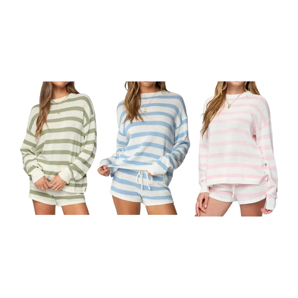 Women Striped Knit Sweater Set 2 Piece Outfit