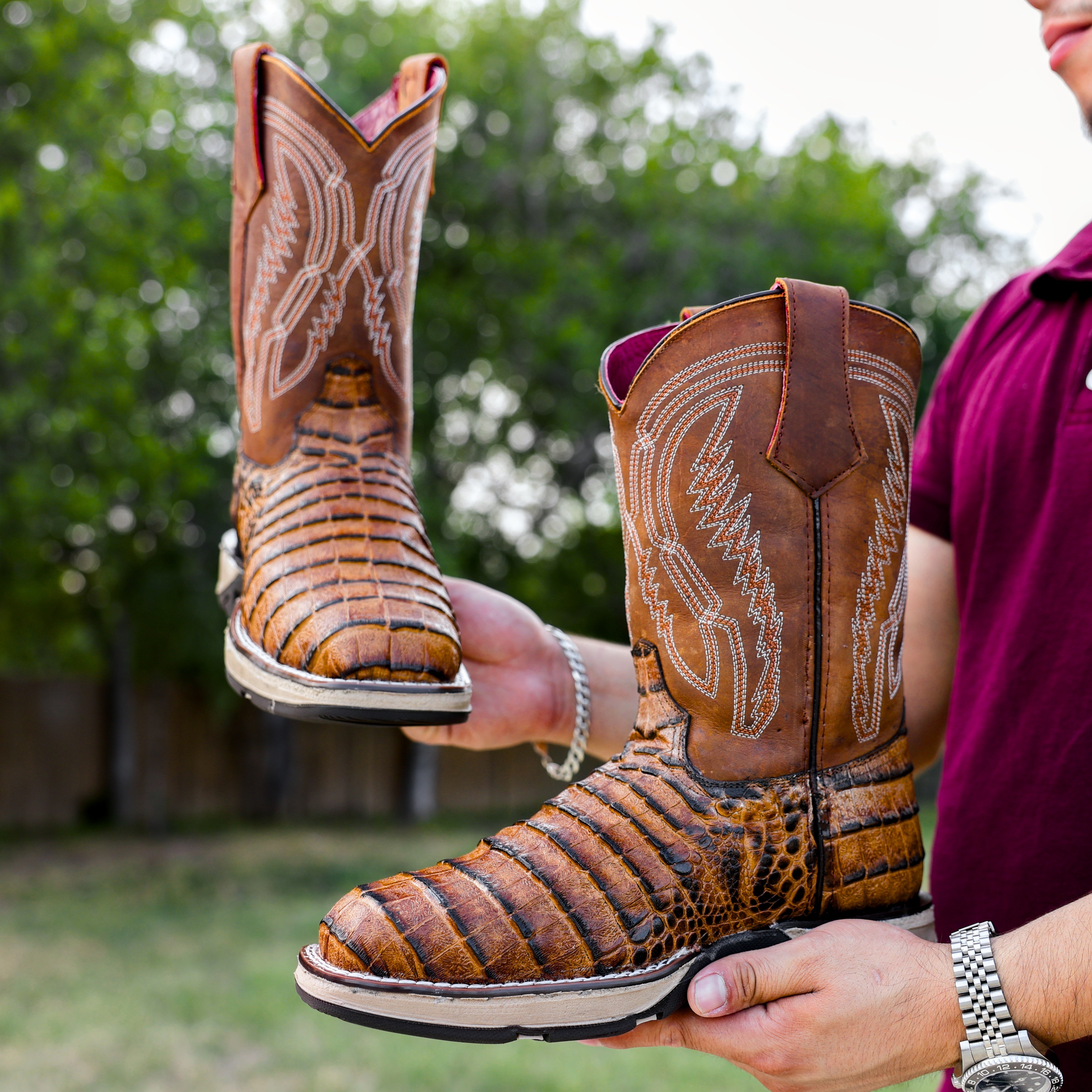 Honey Caiman Belly Leather Boots With 3D Lightweight Sole - Composite Toe