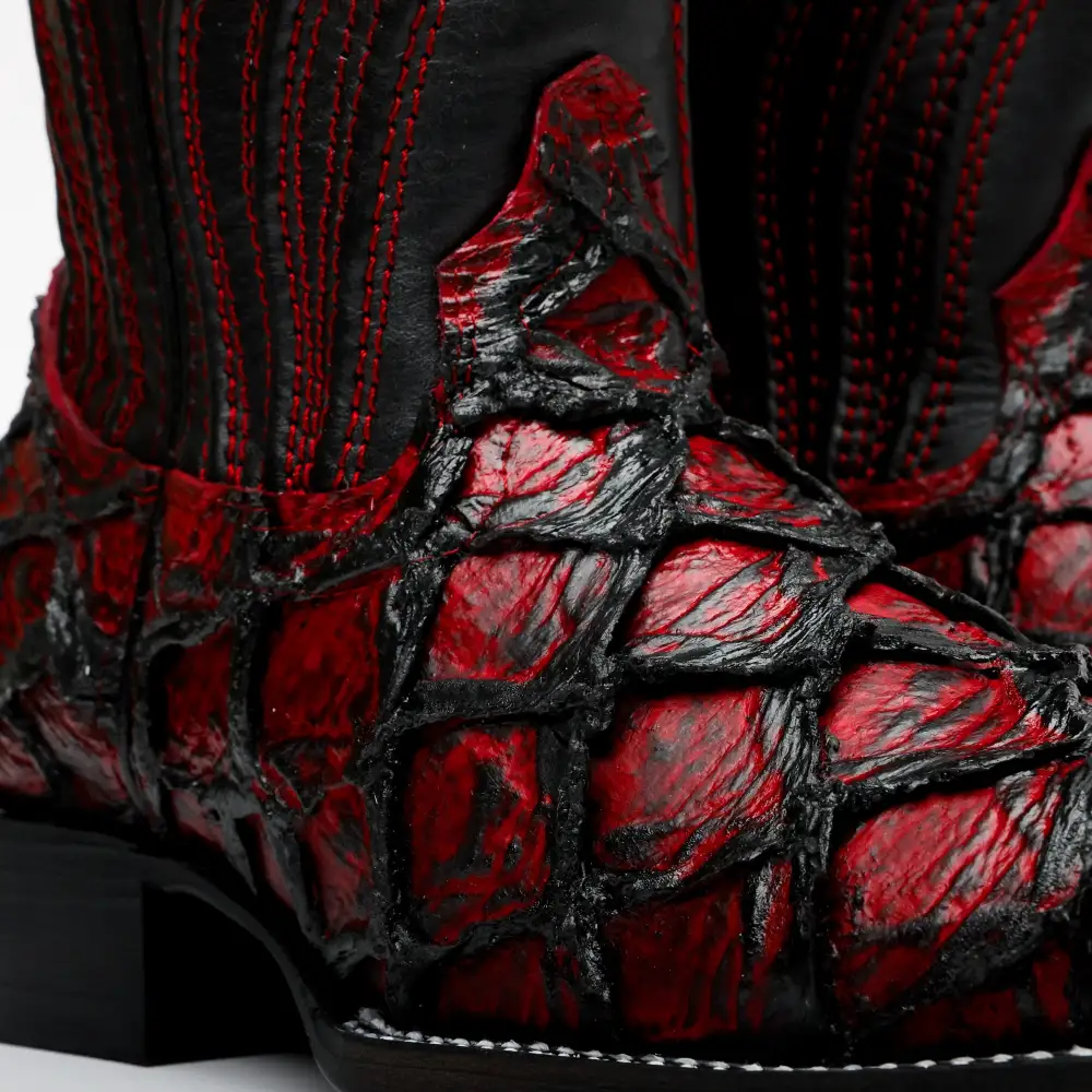 Black Cherry Jumbo Pirarucu Leather Boots - Square Toe