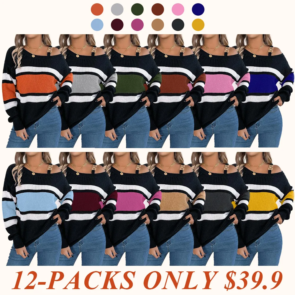 Women's Striped Print Asymmetrical Neck Buckle Decor Sweater