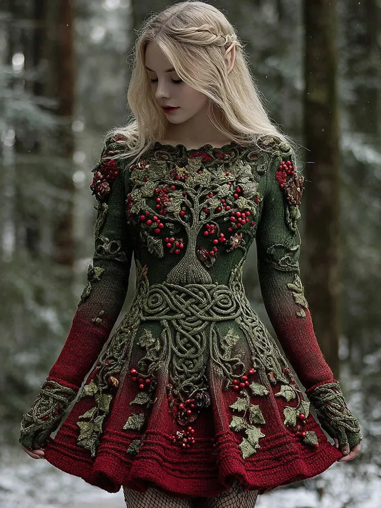 Women's Christmas Holly Leaves Life Of Tree Gradient Celtic Knitted Midi Dress