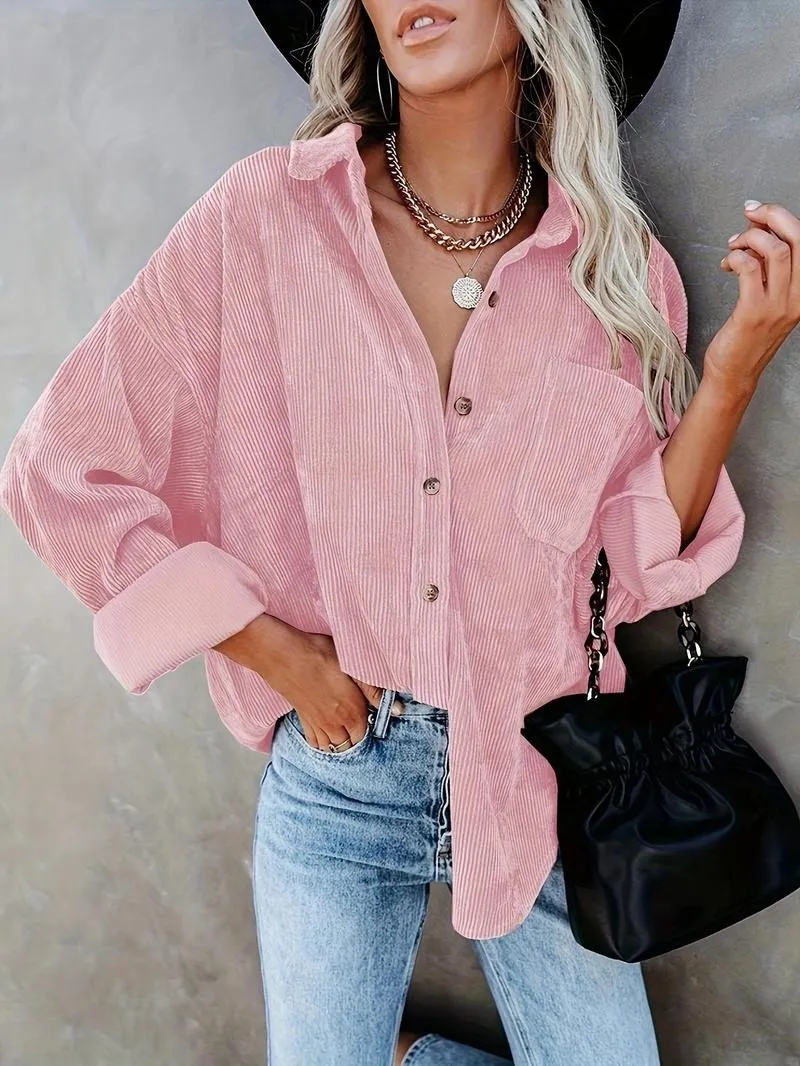 Women's Plain Pocket Button Front Corduroy Shirt