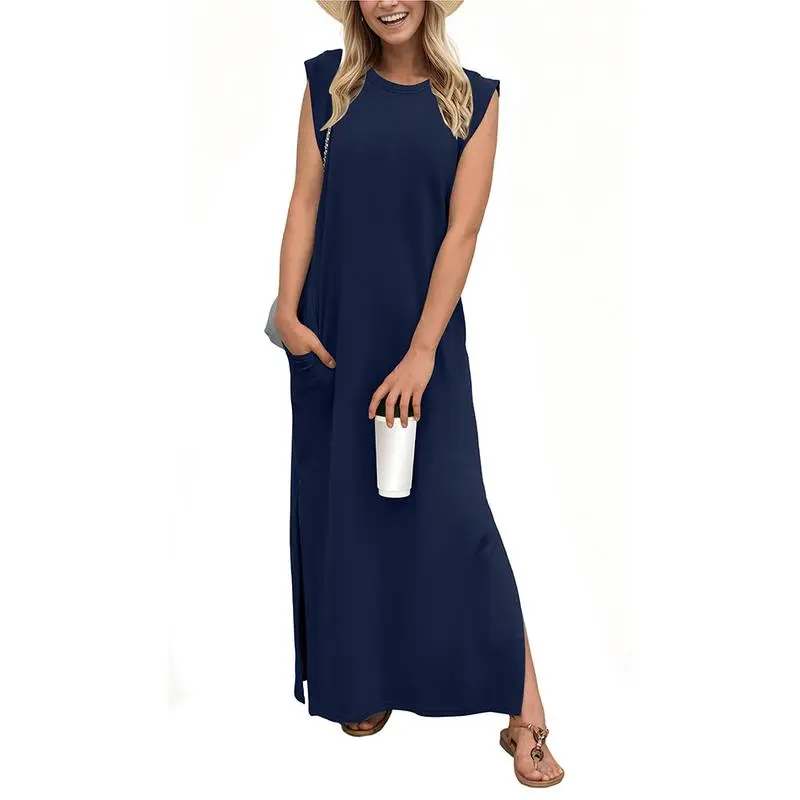 Women Loose Split Wrinkle-Free Long Dress with Pockets