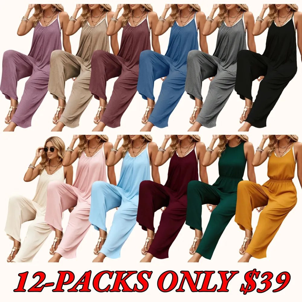 Women's Solid-Color Pleated Pocket Backless Loose-Fit Fashion Spaghetti-Strap Jumpsuit