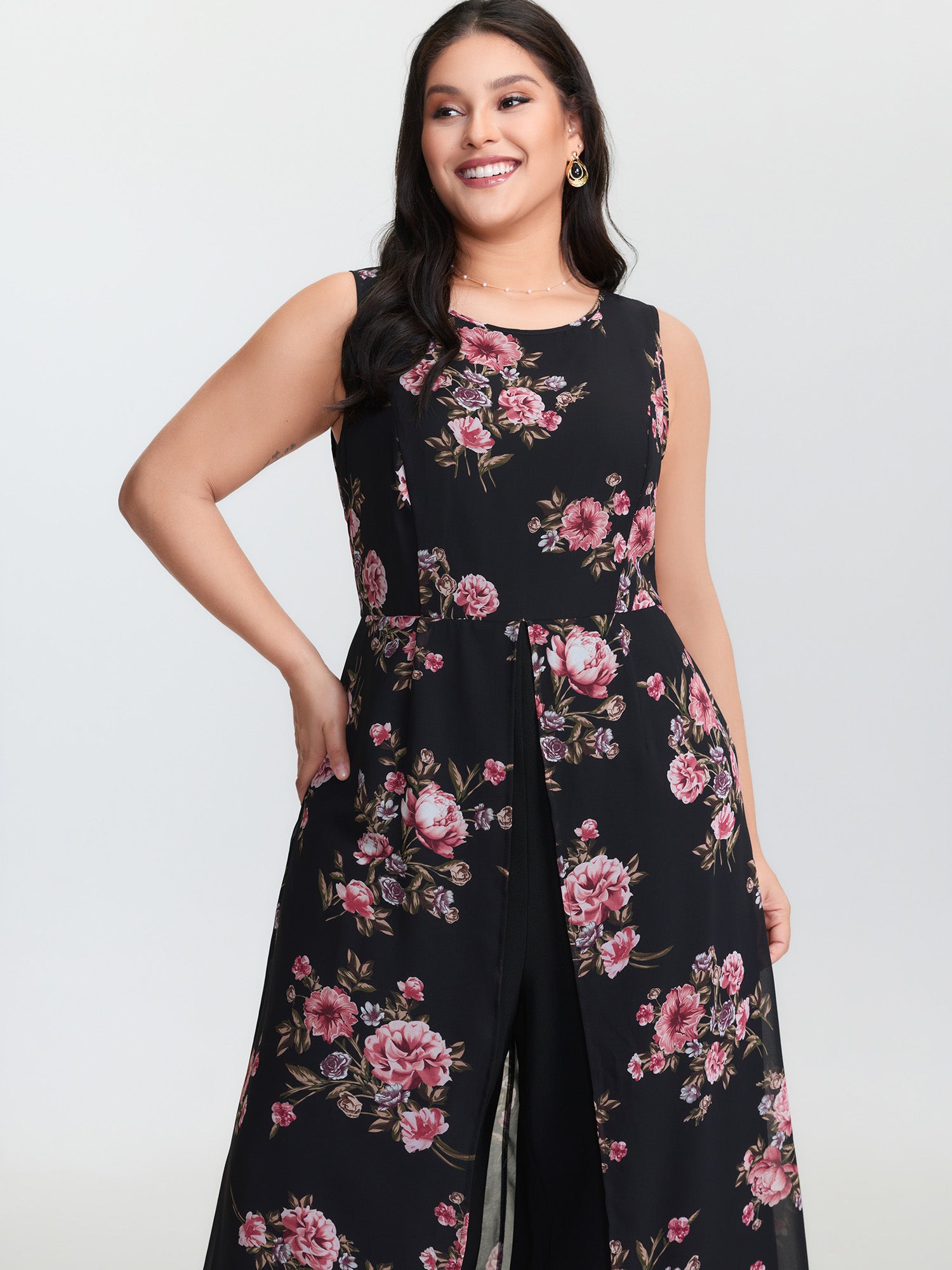 Floral Print Layered Contrast Jumpsuit