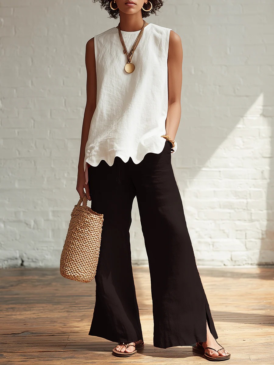 Elegant Minimalist Wavy Hem Shirt And Trousers Two-piece Set