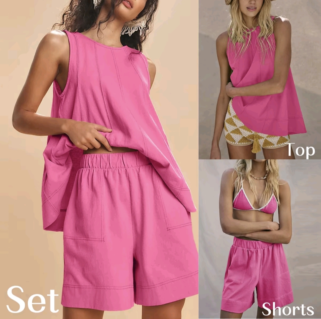 SCUSTY Women's 2-Piece Sleeveless Outfits SetA-Line Tank Tops Paired with High-Waist Shortswith Pockets