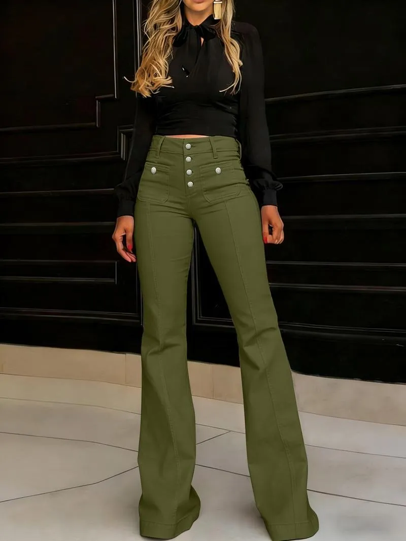 Women's Plain Flare Leg Jeans with Button & Pockets , Casual Bell Bottom Trousers for Daily Wear