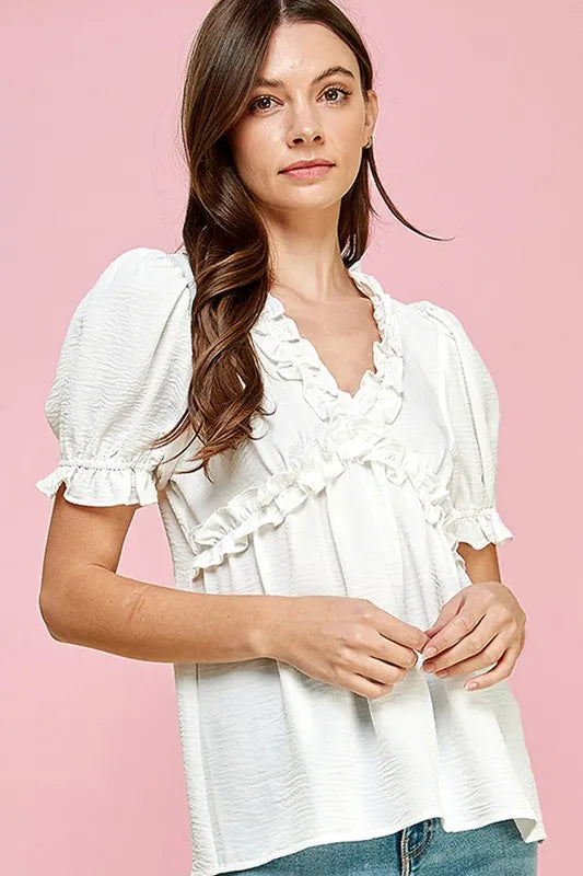 Solid Ruffled Deep V-Neck Puff Sleeve Babydoll Top