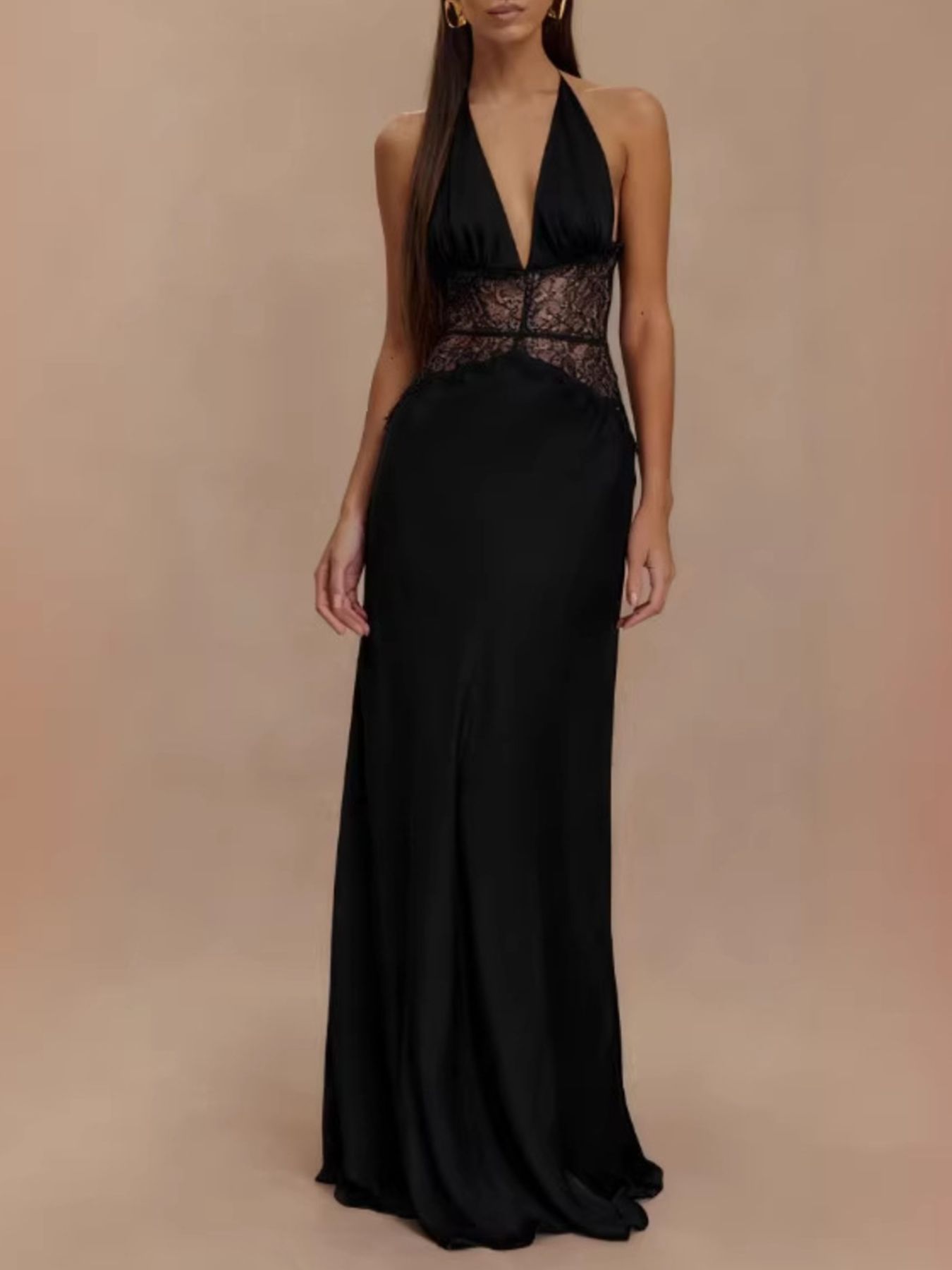Halter Neck Lace Trimmed Maxi Dress