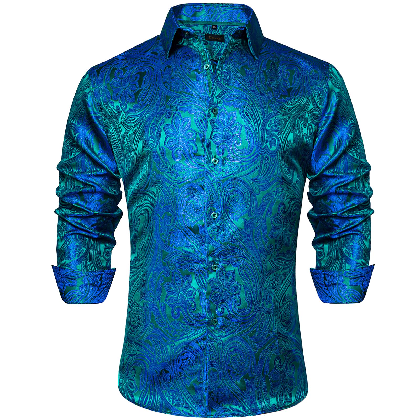 Men's Paisley Dress Shirt Long Sleeve Wrinkle Free Button Down Cowboy Shirts - Blue&green&paisley