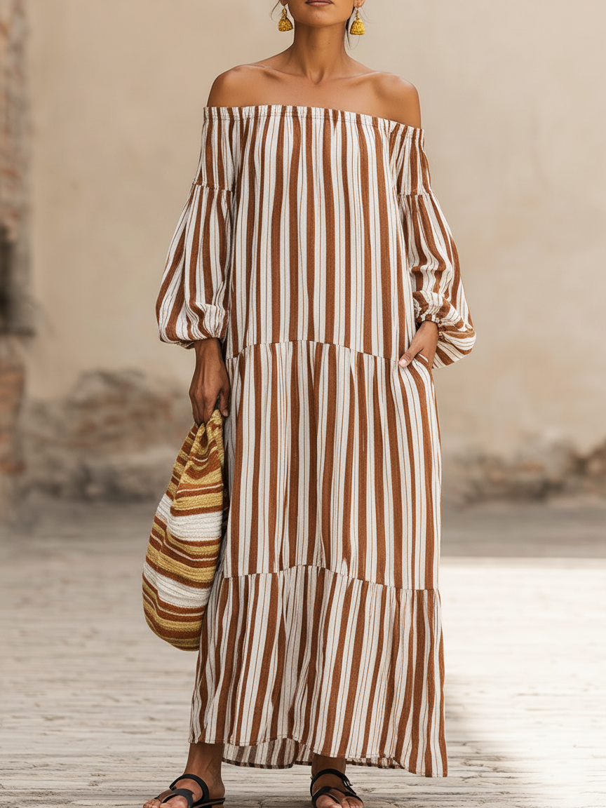 Casual Vacation Off-the-shoulder Striped Linen Dress