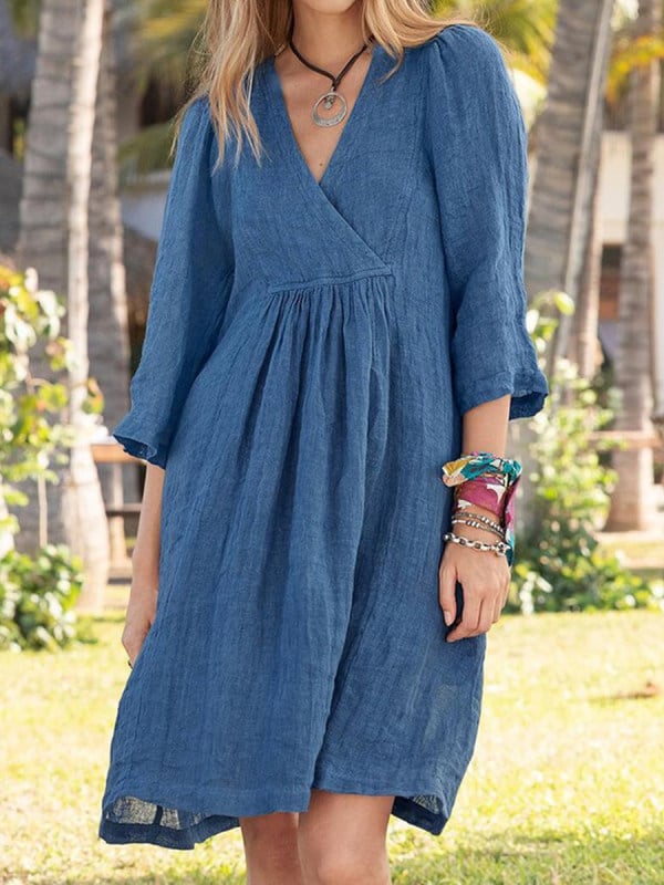 Women's Cotton and Linen Half Sleeve V-neck Loose Casual Pocket Dress