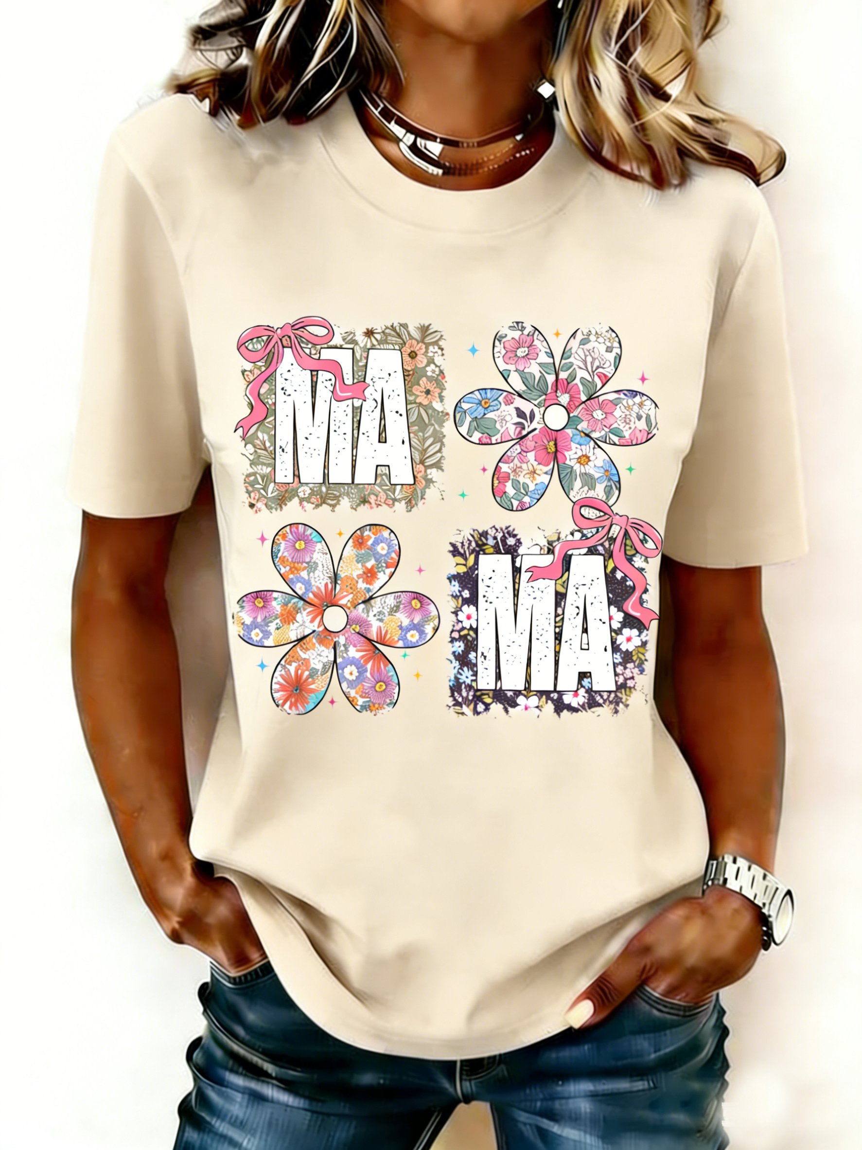 Mother's Day Letter Pattern Floral Short Sleeve Round Neck Loose  Casual T-Shirt