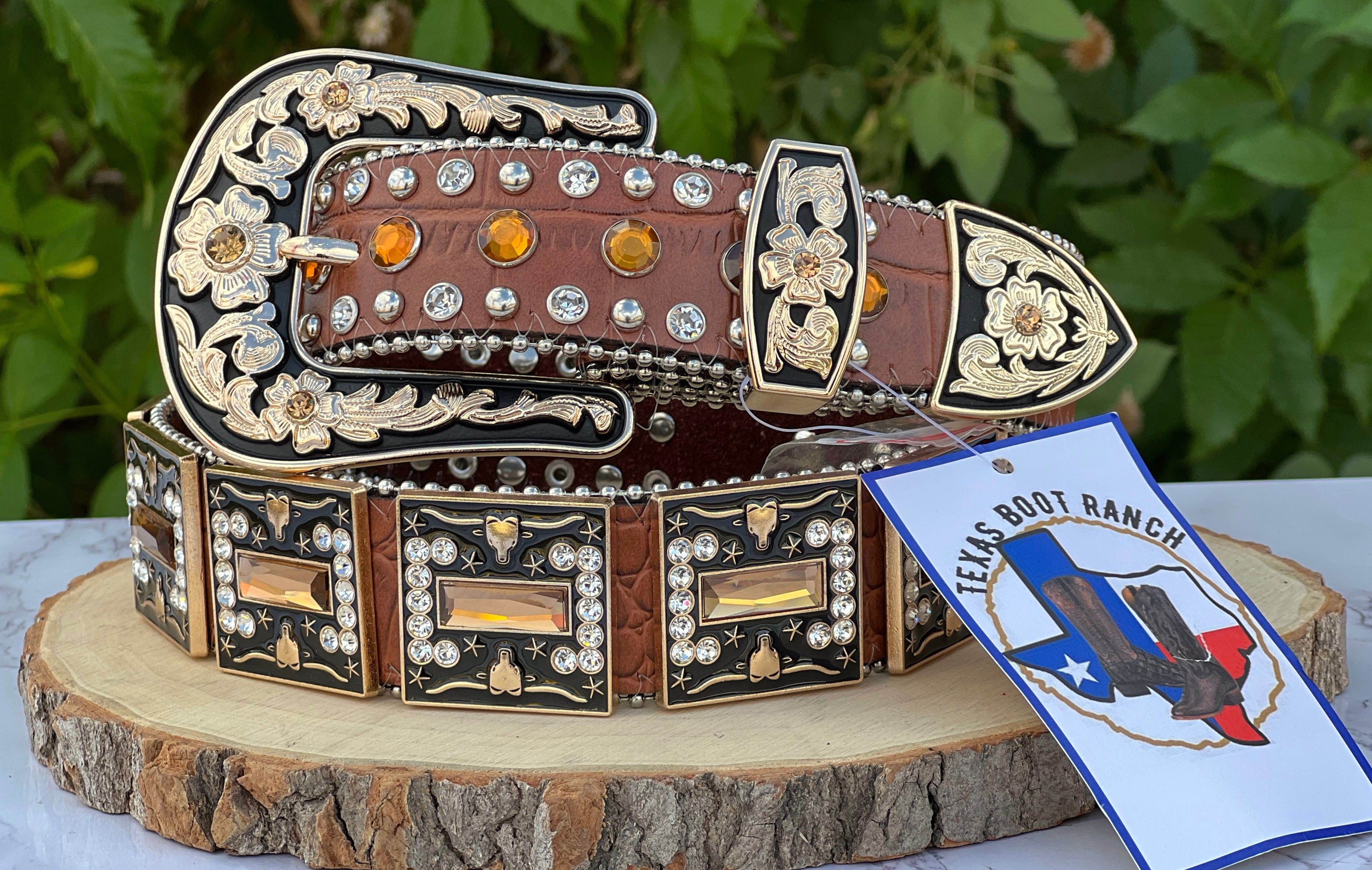 Western Brown Longhorn Belt With Rhinestone