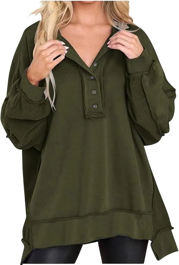 Women's loose-fitting casual long-sleeved button-up pullover shirt