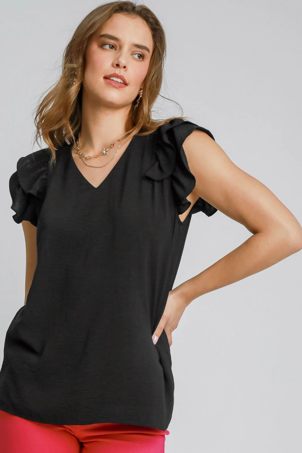 V-Neck Double Layered Ruffle Sleeve Blouse