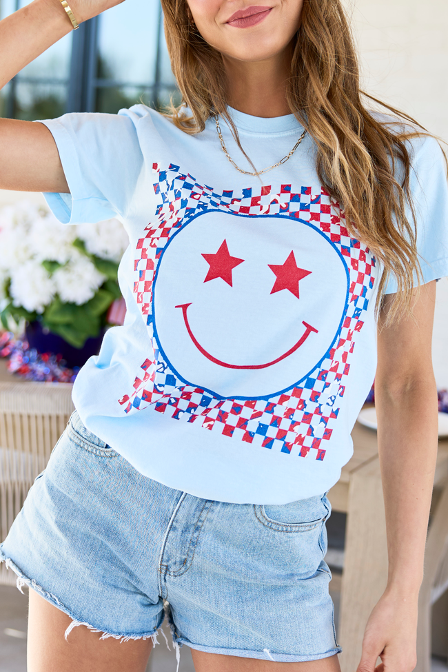 Multi Patriotic Smiley Checkered Light Blue Graphic Tee
