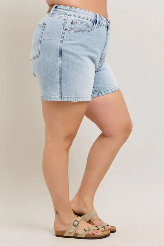 Frayed Hem High Rise Denim Shorts with Pockets