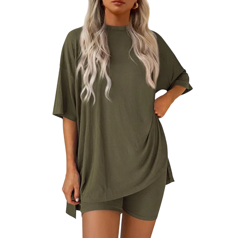 Women's Casual Oversized Crewneck Split Hem Shirts & Side Pocket Shorts Set