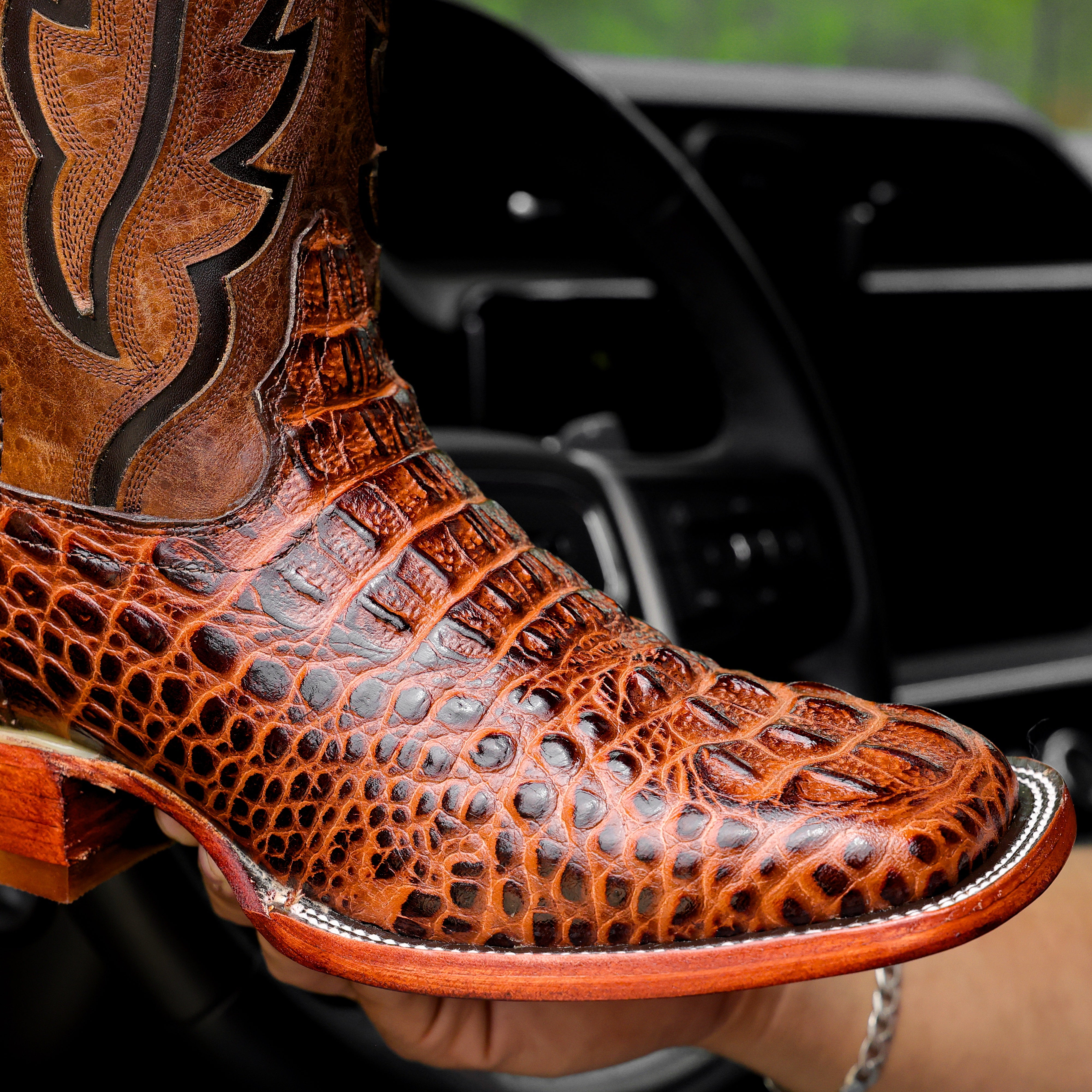 Cognac Caiman Neck Leather Boots - Square Toe