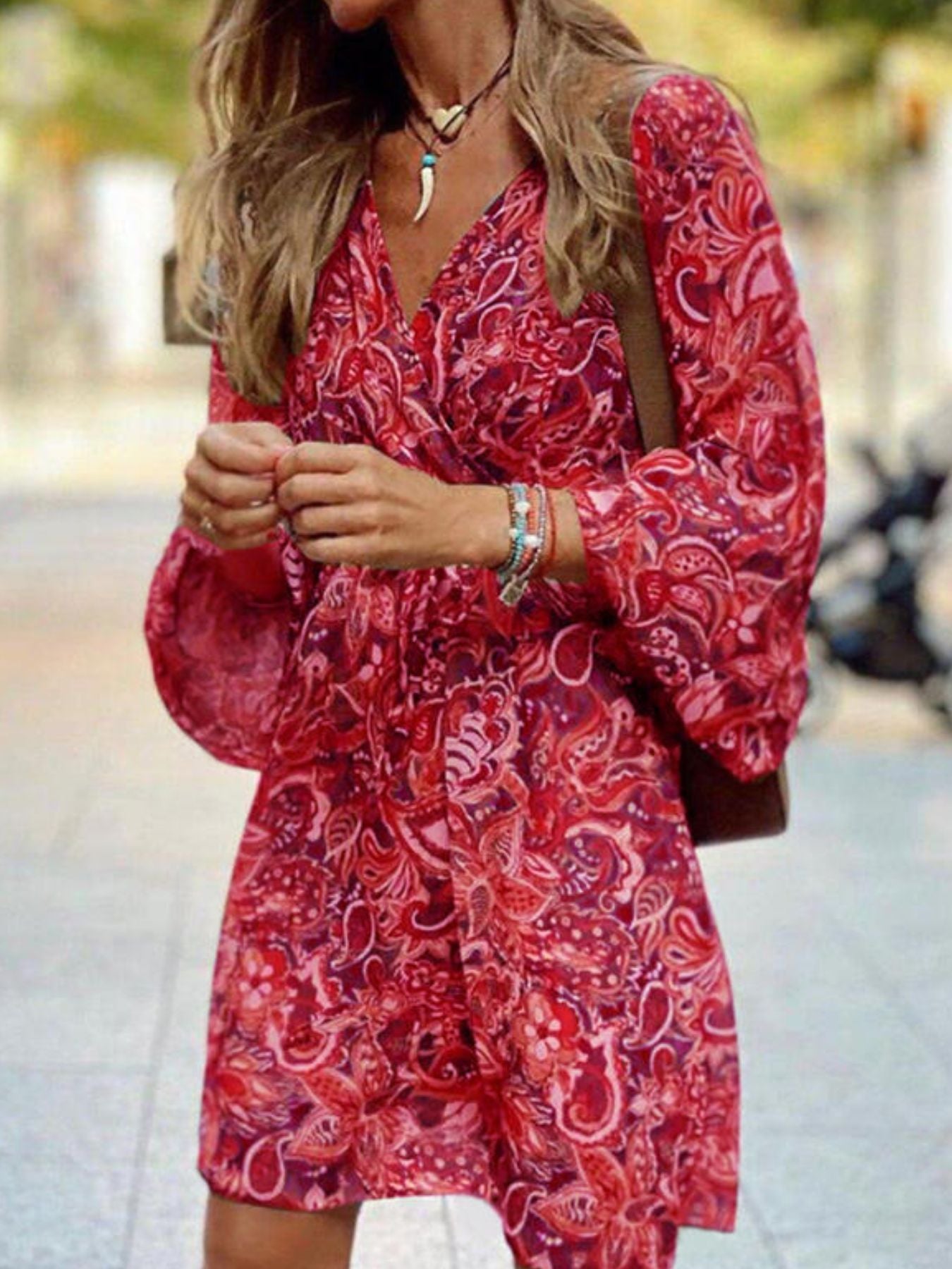 Paisley Print Balloon Sleeve Mini Dress